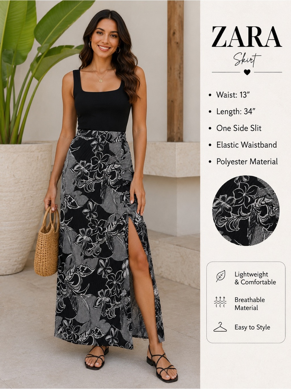 ZARA Black & White Floral Side-Slit Maxi Skirt